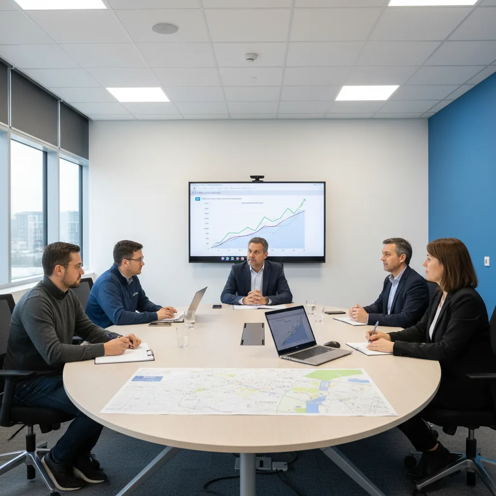 Réunion de gouvernance d'une BIA avec commerçants locaux, élu municipal et gestionnaire de quartier autour d'une table de conseil