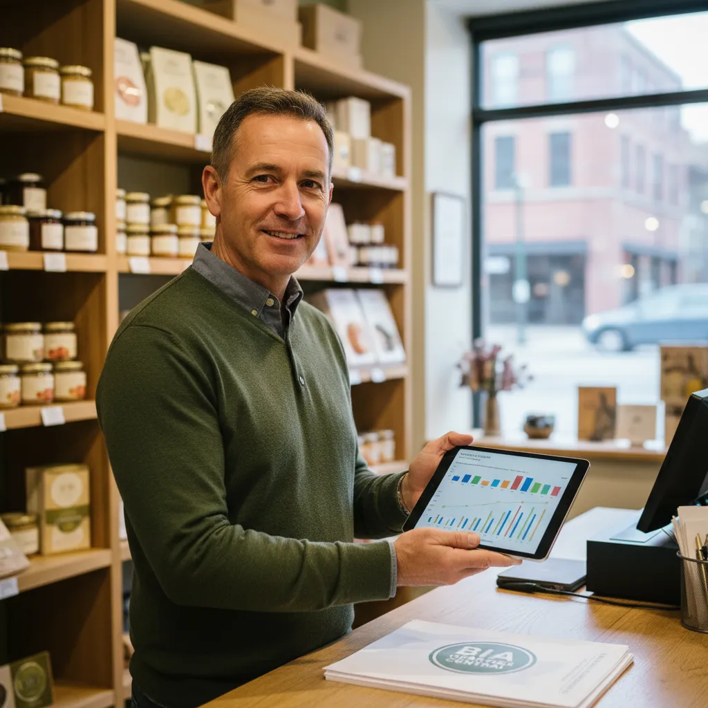 Commerçant indépendant analysant les résultats de chiffre d'affaires et de trafic client sur une tablette numérique dans sa boutique