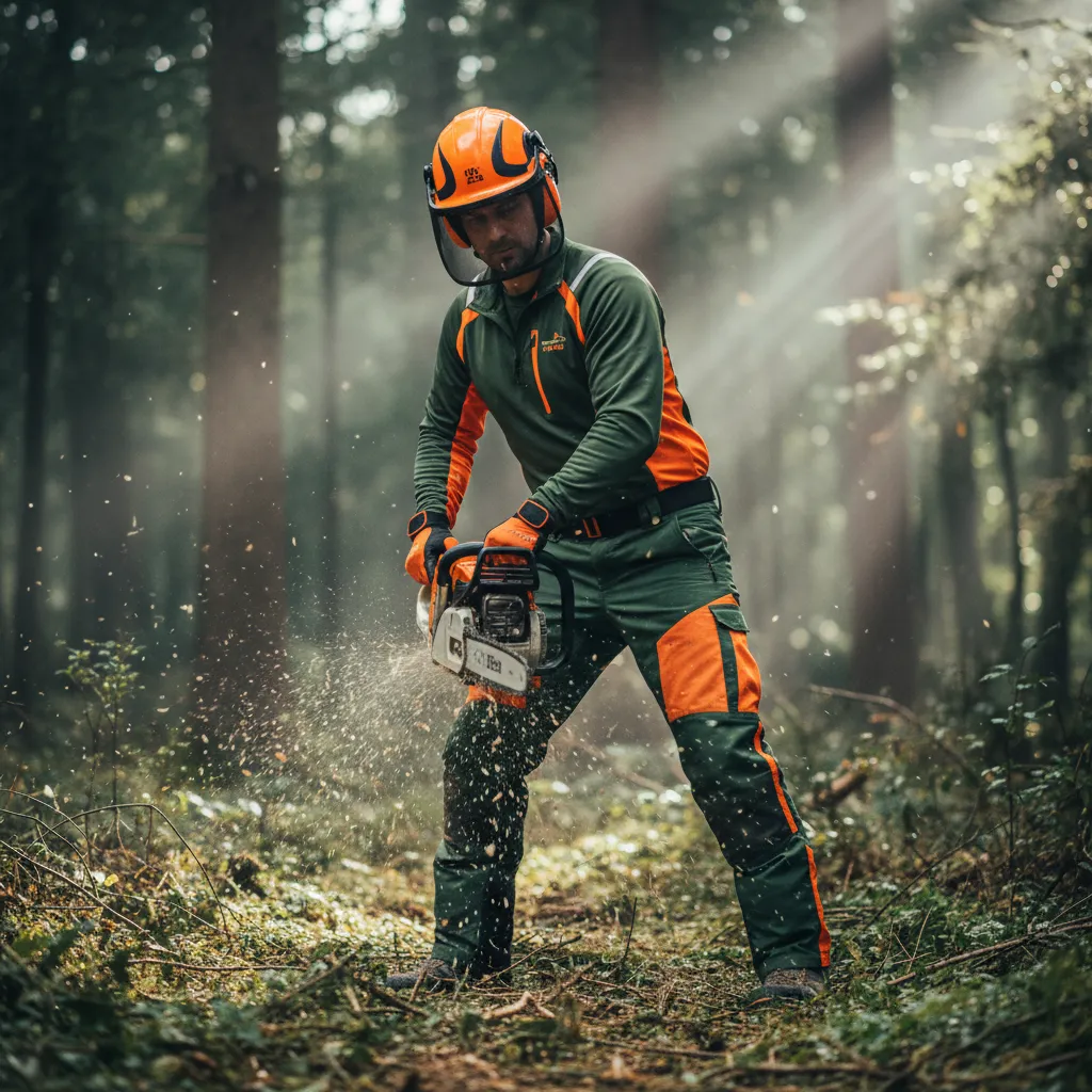Bûcheron en équipement de protection complet maniant une tronçonneuse professionnelle en forêt dense