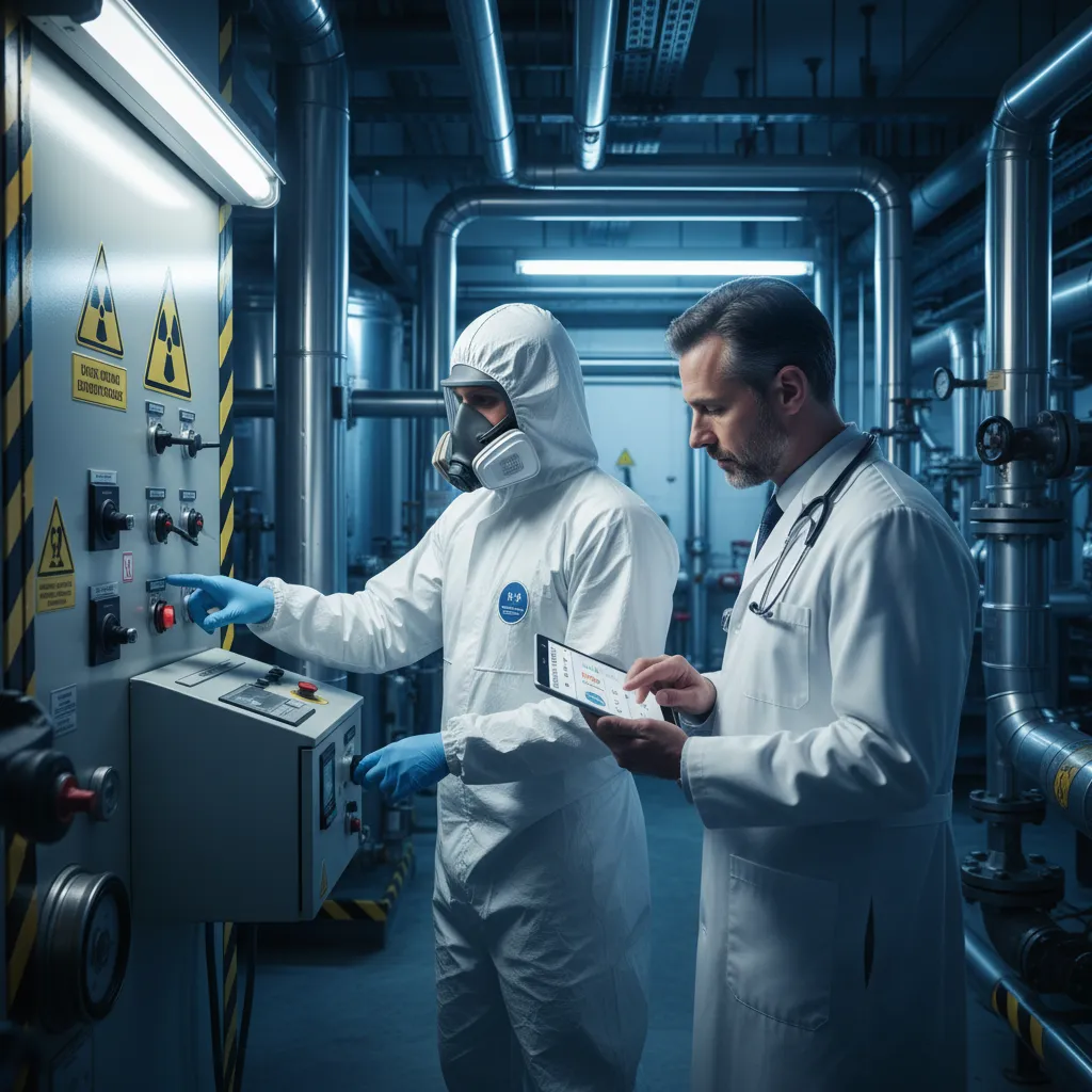 Technicien en combinaison de protection blanche dans un environnement industriel chimique, accompagné d'un médecin du travail consultant des données d'exposition professionnelle