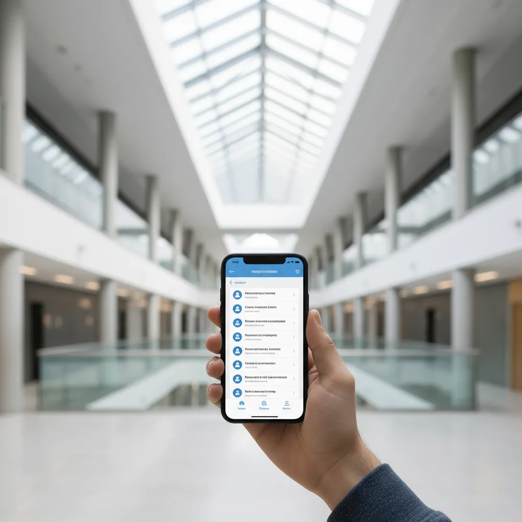 Étudiant consultant sa messagerie universitaire sur smartphone dans un couloir de campus