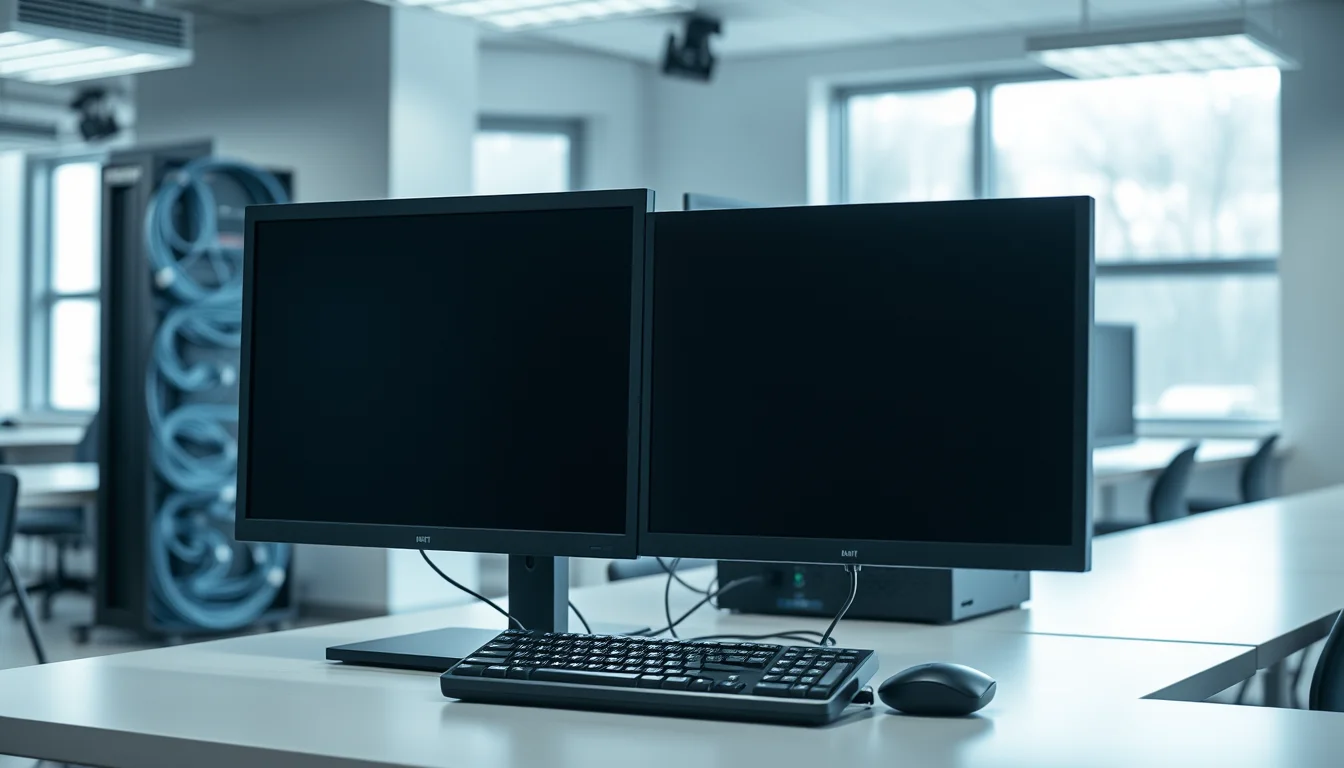 Poste de travail avec deux écrans, un clavier et une baie réseau en arrière-plan dans une salle informatique