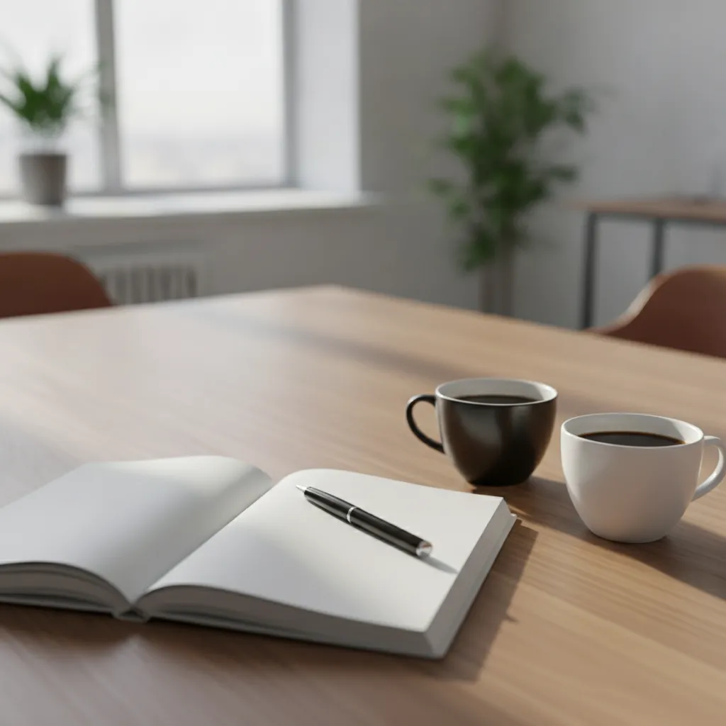 Carnet ouvert et stylo posés sur une table lors d'un entretien