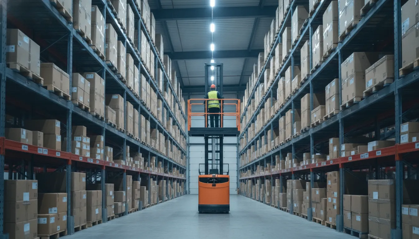 Préparateur de commandes à poste élevable, plateforme montée entre deux hauts rayonnages de cartons dans une allée d'entrepôt