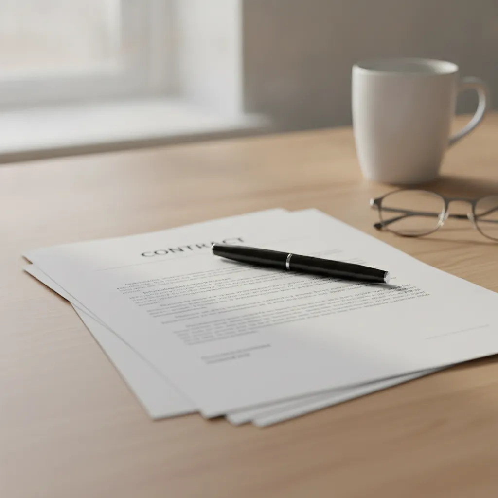 Contrat imprimé posé sur un bureau clair avec un stylo et une paire de lunettes