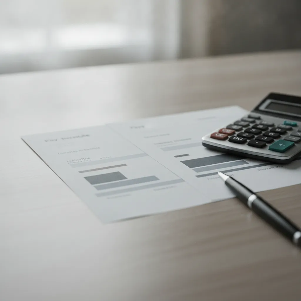 Bulletin de paie et planning de formation posés sur une table en bois clair, à côté d'une calculatrice et d'un stylo