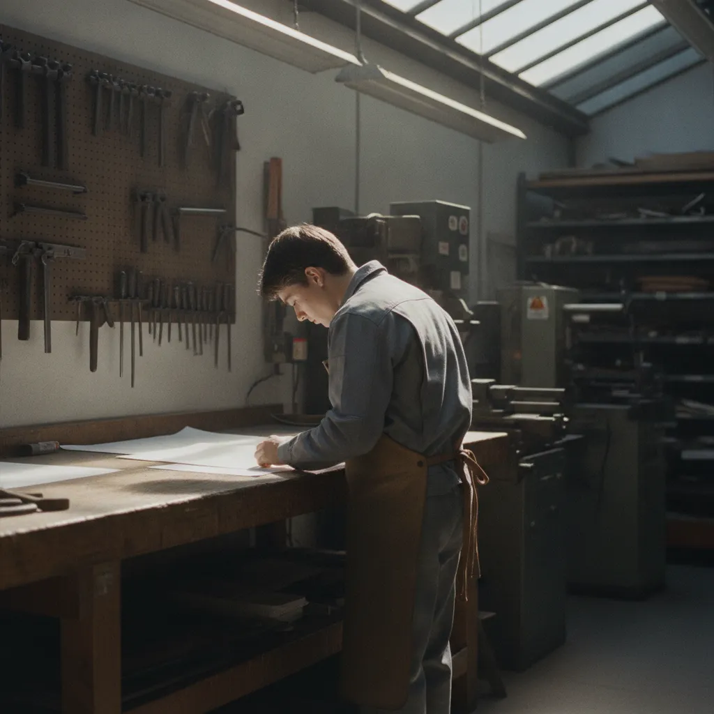 Jeune apprenti en tenue de travail consultant un document dans un atelier lumineux