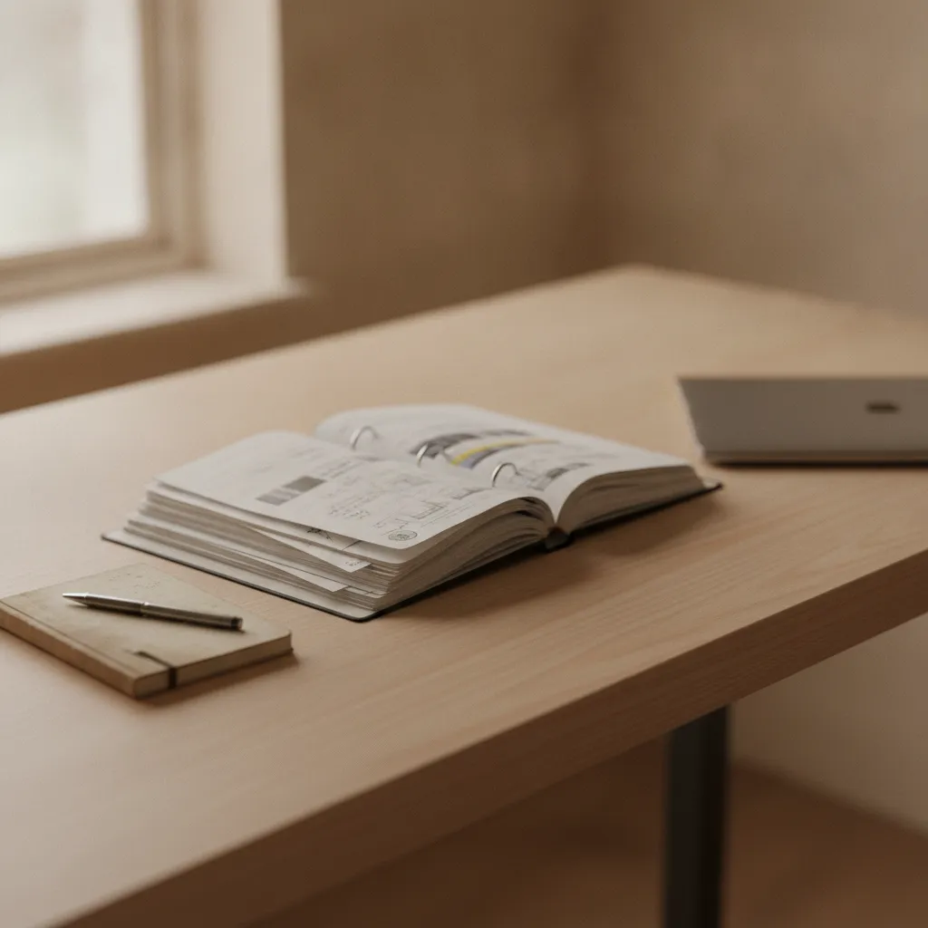 Table de travail avec un classeur ouvert, des feuilles annotées et un ordinateur portable fermé